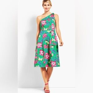 Talbots Vibrant One Shoulder Dress in Green and Pink